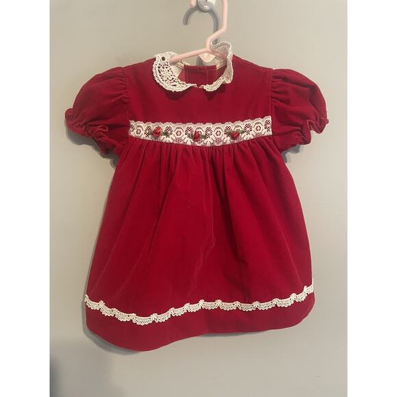 Vintage HUGS & KISSES Baby Girl Dress Sz 12 Mos Red Velvet Short Sleeve Lace - Picture 1 of 6